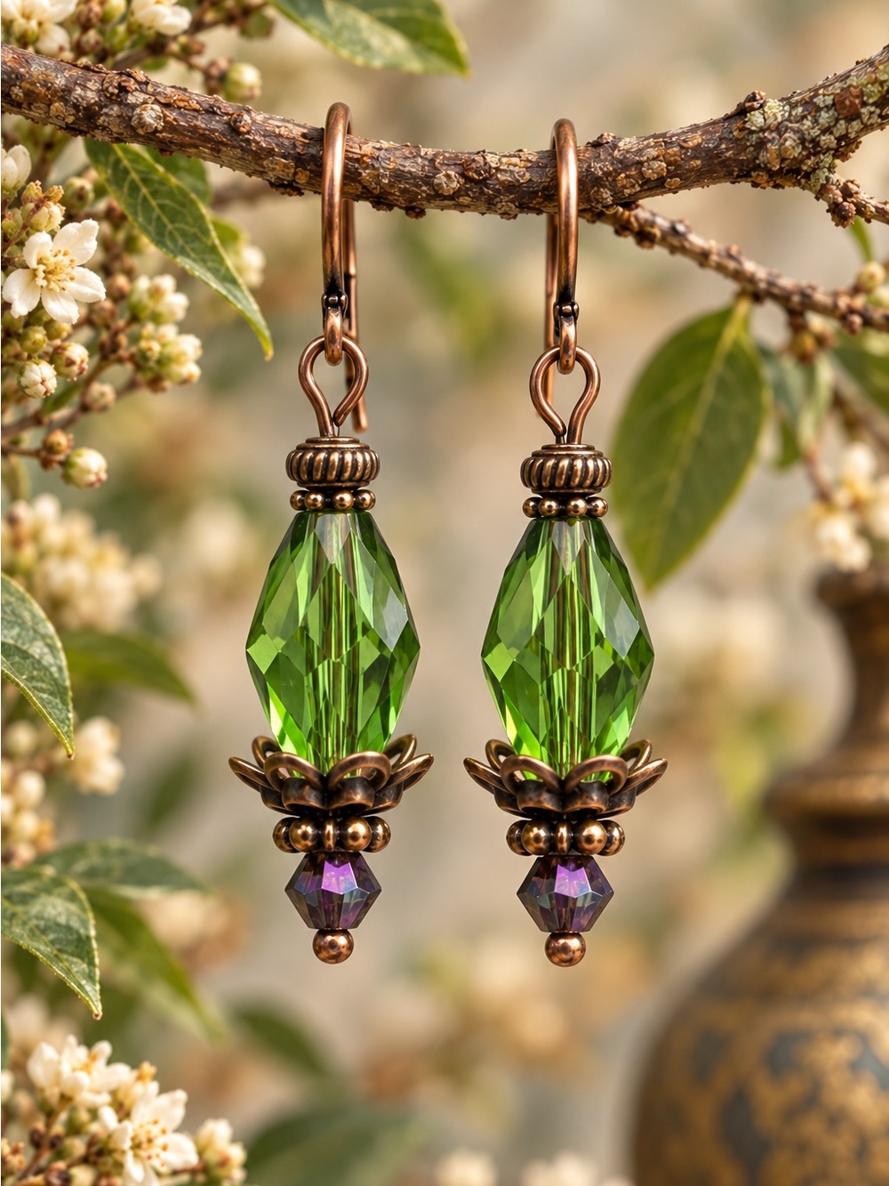 Handmade Green Faceted Crystal Earrings, Copper Floral Dangles